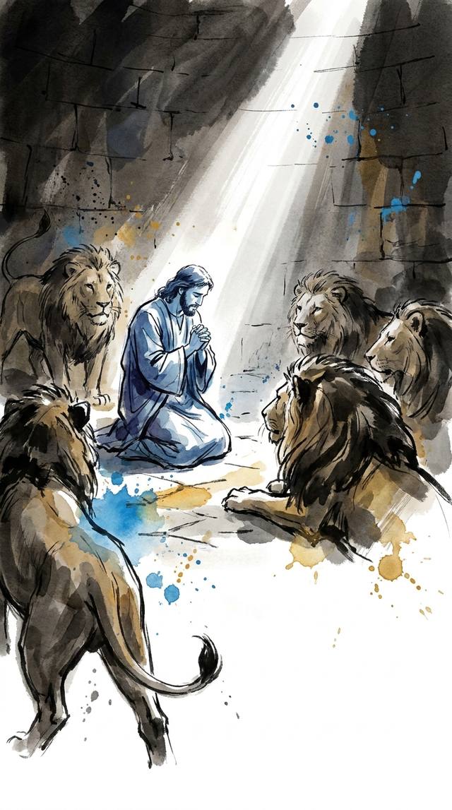 Daniel in the lions' den — watercolor Bible illustration from Bible Widget