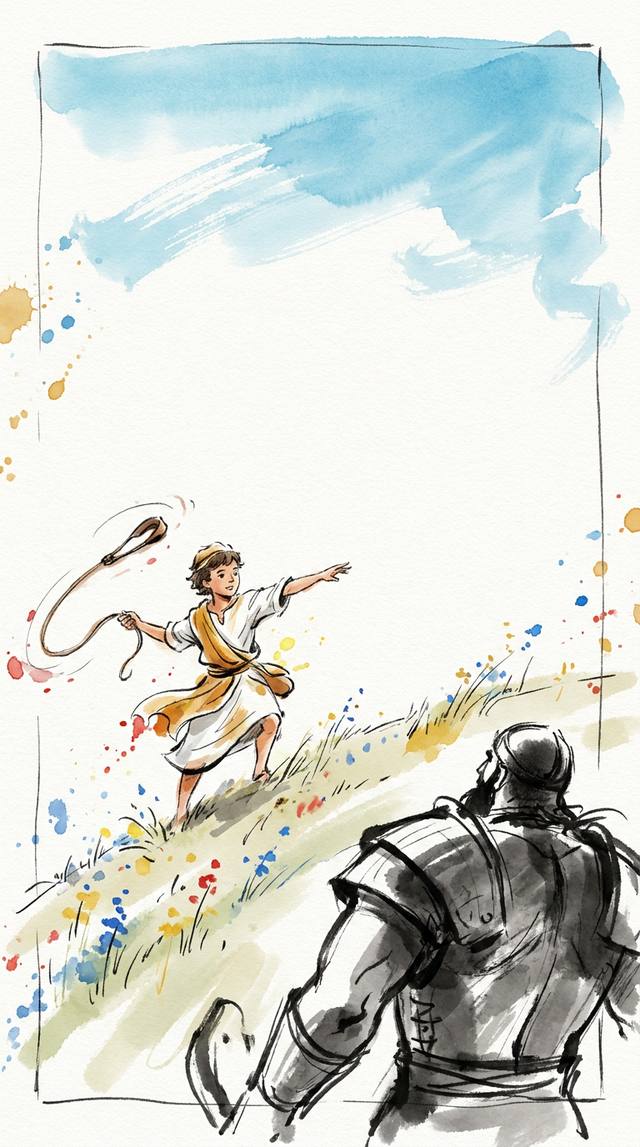 David & Goliath — watercolor Bible illustration from Bible Widget