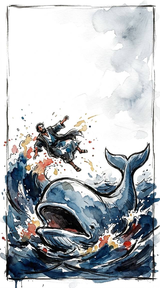 Jonah & the great fish — watercolor Bible illustration from Bible Widget
