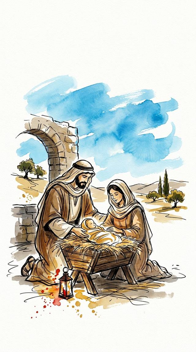 The Nativity — watercolor Bible illustration from Bible Widget